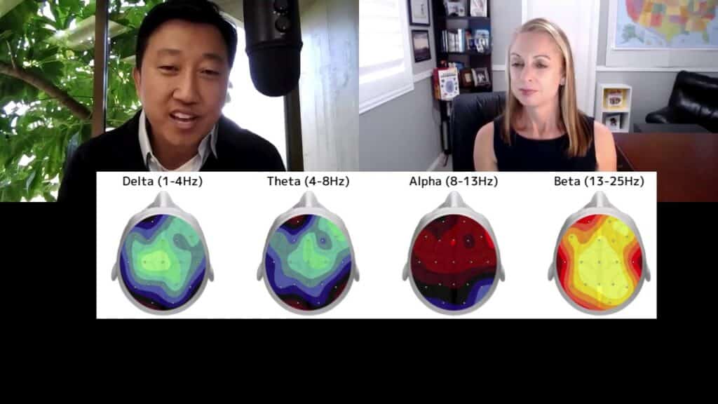 Video call between Dr. Erik Won and a podcast host with EEG brainwave heatmaps overlaid