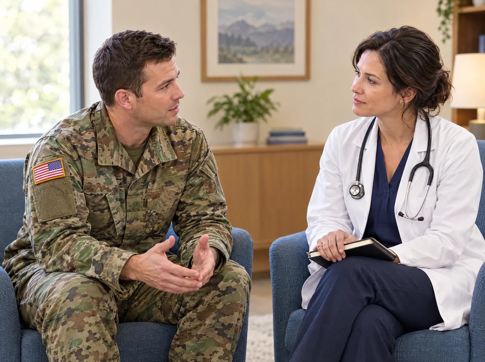 A U.S. service member in green camouflage speaking with a female doctor in a warmly lit consultation room