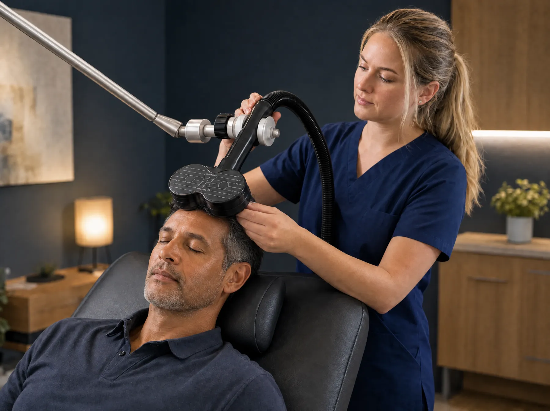 Concept illustration of a female technician positioning a black twin-lobed magnetic coil at a reclining man’s hairline in a softly lit blue clinic.