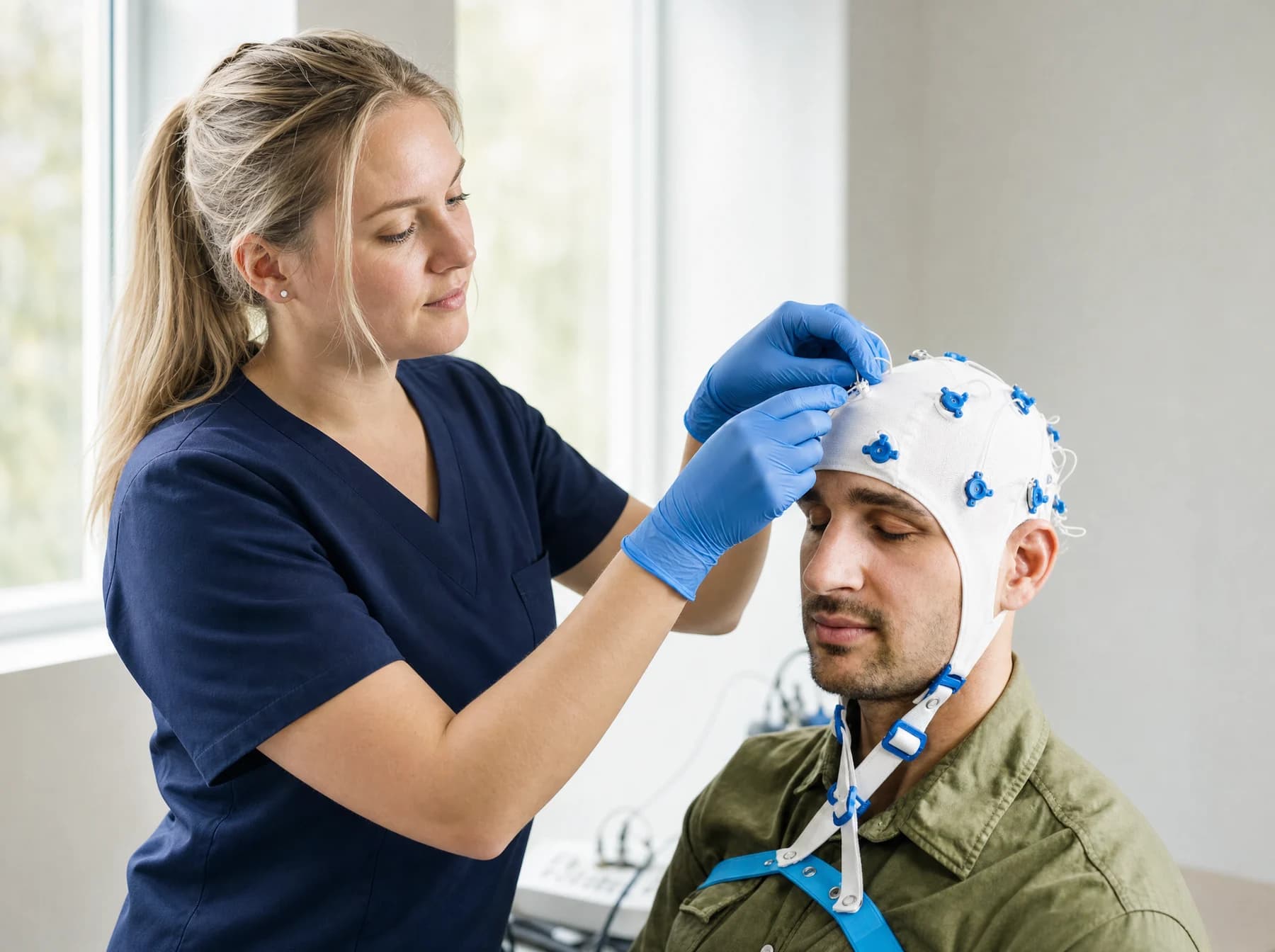 A female technician adjusts blue electrodes on a seated man’s white EEG recording cap.