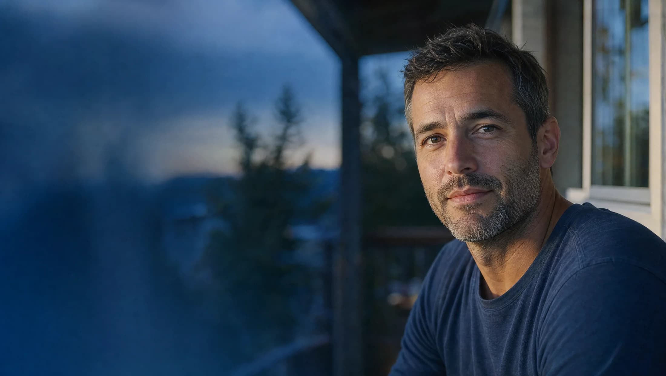 A man sits by an open porch window in the morning light.