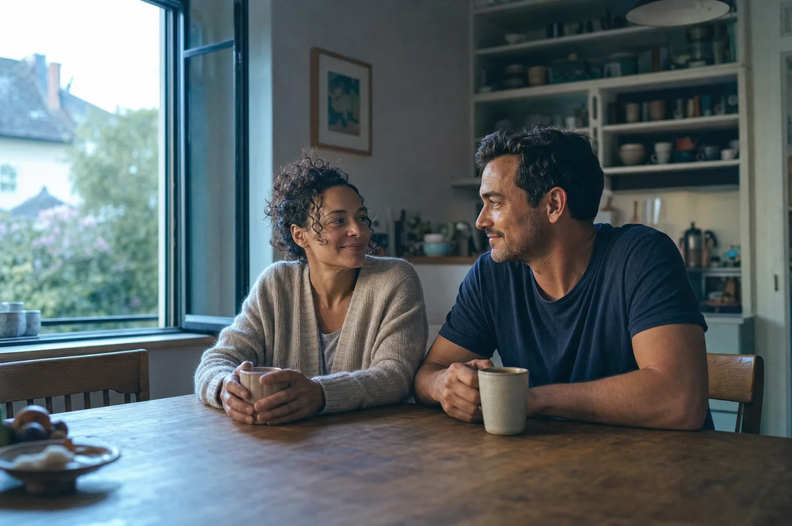 Two people share a quiet conversation at their kitchen table.