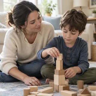 A mother sitting on the floor helping her young son stack wooden blocks