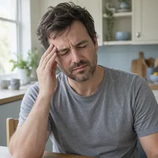 A man at a kitchen table pressing his fingertips to his temple, eyes closed