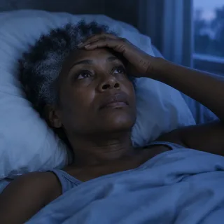 A woman lying awake in bed at night, one hand on her forehead