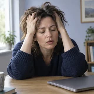 A woman at a home desk with both hands in her hair, eyes closed