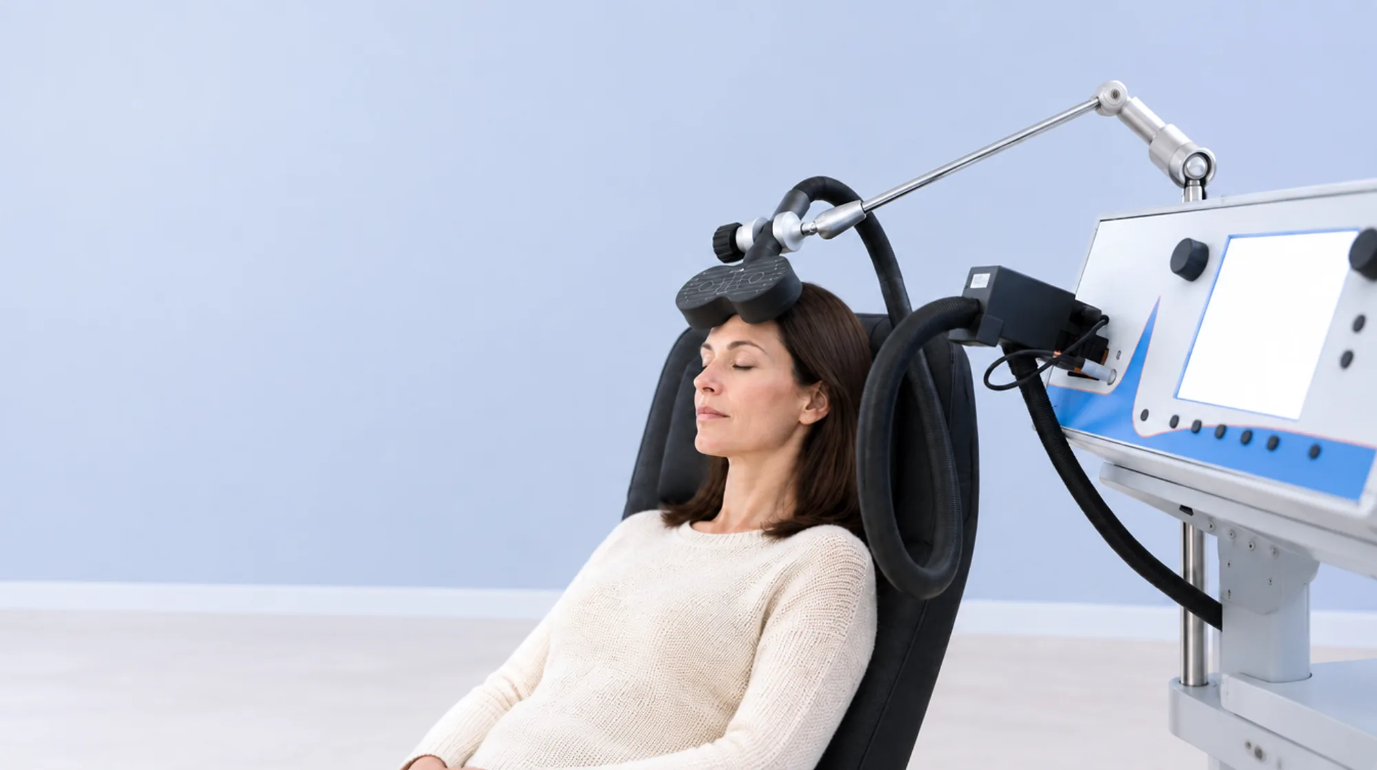 A woman reclined in a treatment chair with a magnetic coil positioned above her forehead by an articulated arm, beside the treatment console