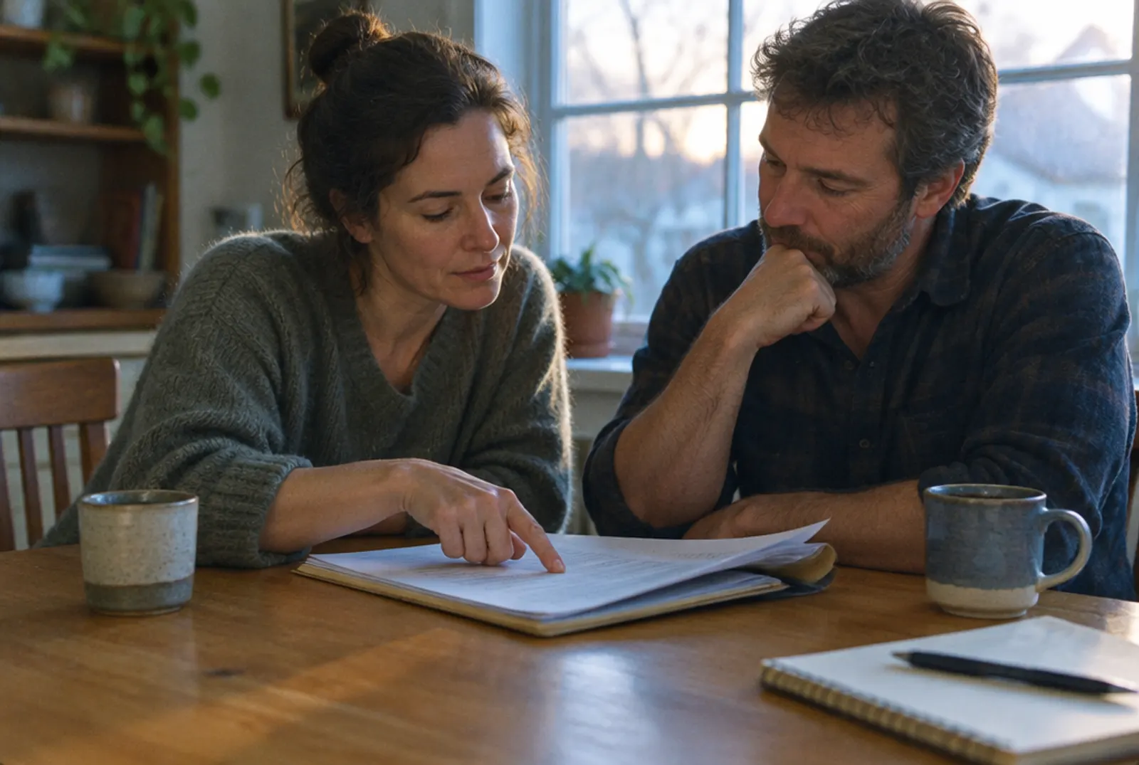 A couple at their kitchen table reading through a folder of papers together in morning light.
