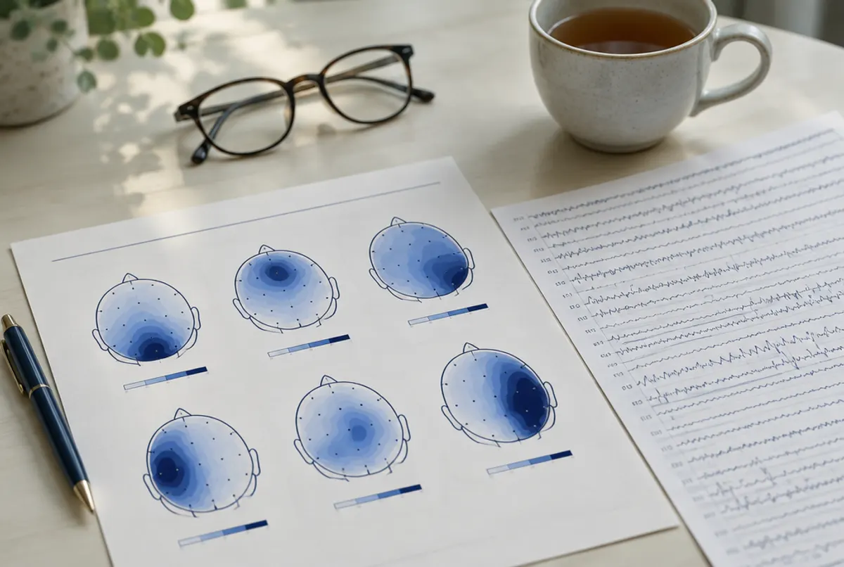 A printed brain-map report and an EEG strip laid out on a desk beside reading glasses.