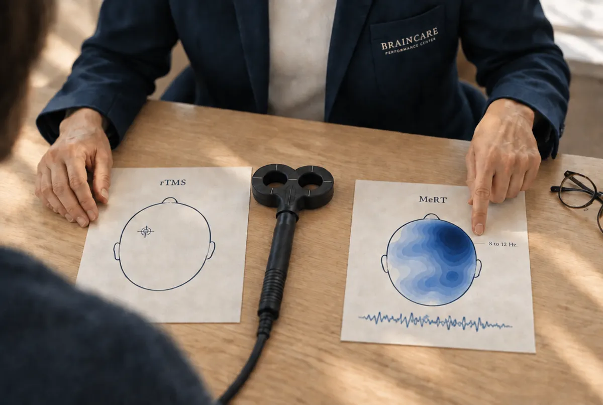 A clinician in a navy Braincare jacket, seen from the shoulders down, presents two sheets side by side: a plain rTMS head diagram and a personalized MeRT brain map, with the magnetic coil between them.