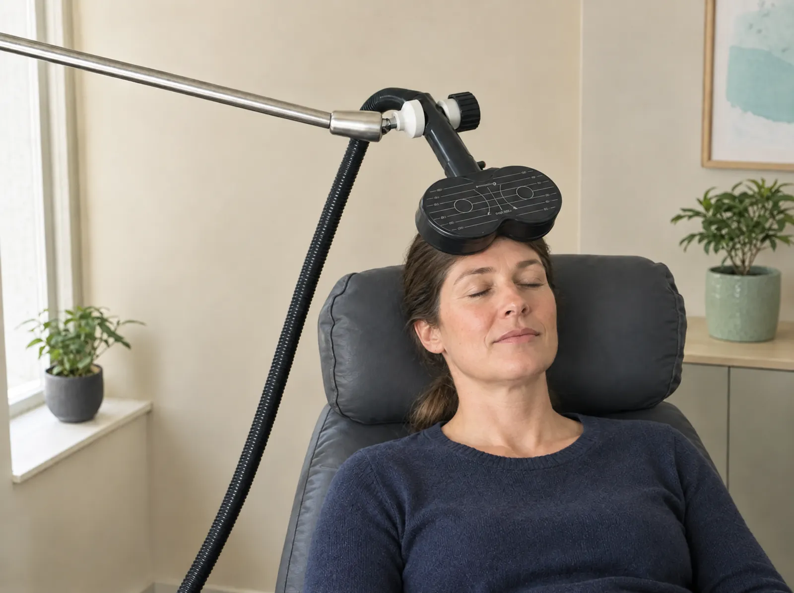 A woman reclines with her eyes closed while the black twin-lobed magnetic coil rests at her hairline, illustrative.